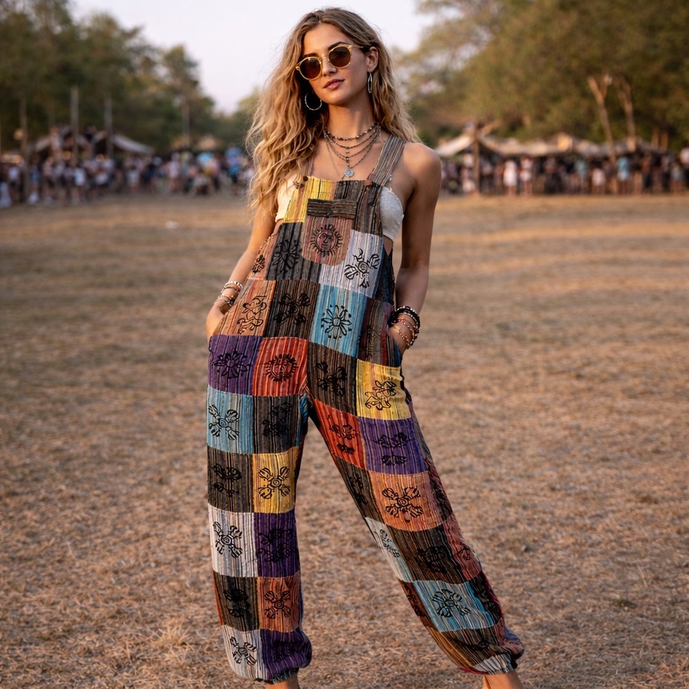 Rising International Patchwork Overalls L Cotton Boho Artisan Festival
